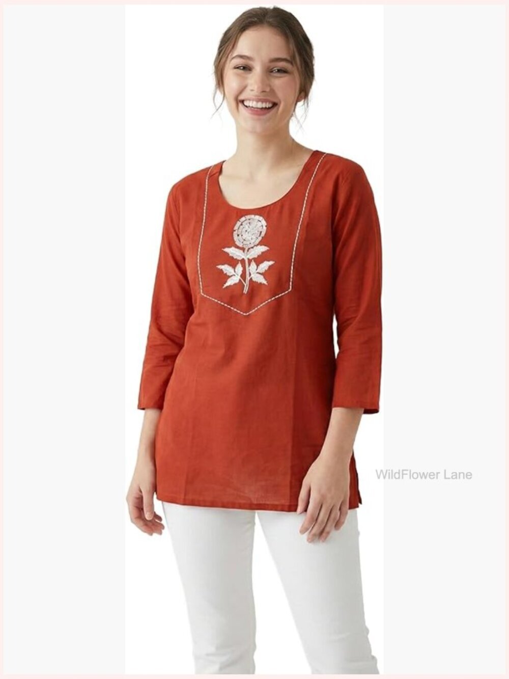 Embroidered 3/4 Sleeve Cotton Tunic - Boho Summer Blouse